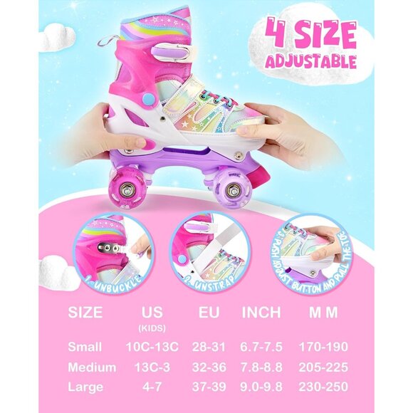 Kids Rose Red Rainbow Adjustable Light Up Roller Skates With Fluffy Pom Poms - Picture 5 of 9